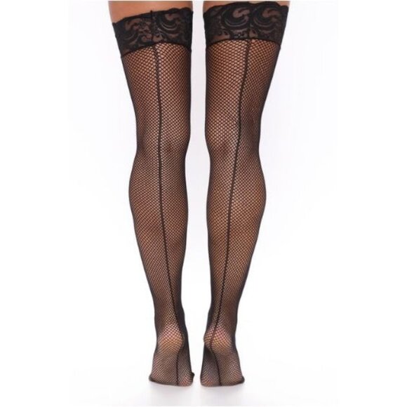 Music Legs Lace Over It Fishnet Thigh Highs – Floral Lace Top Back Seam – OS NWT - Picture 1 of 6